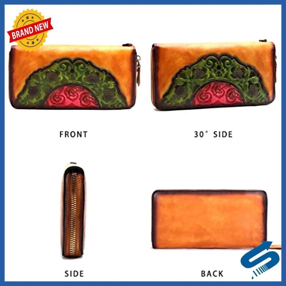 Genuine Leather Small Clutch Wallet with 8 Card Slots and Zipper Pocket